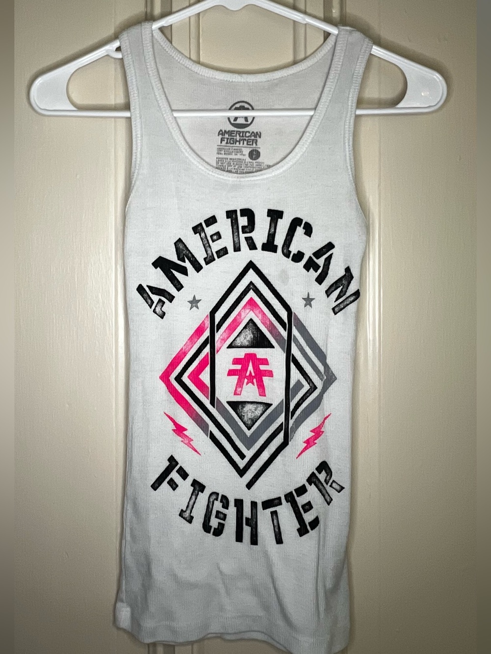 American Fighter White Tank with Black & Pink Graphic